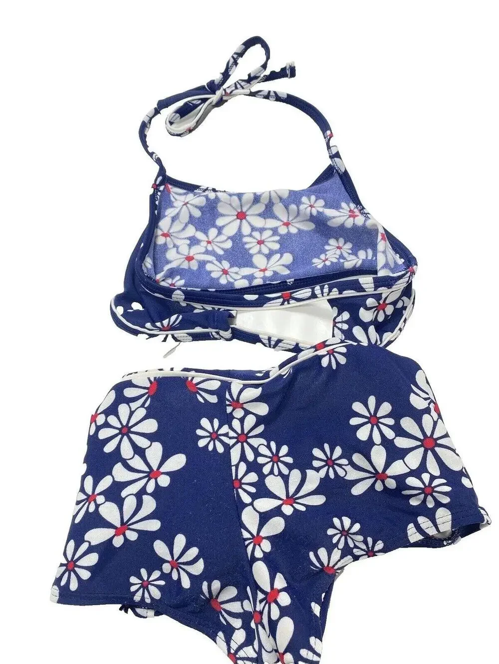 Vintage Kids Blue Floral Bathing Suit 2pc Size 6X Twisted Waistband Elastic AsIS